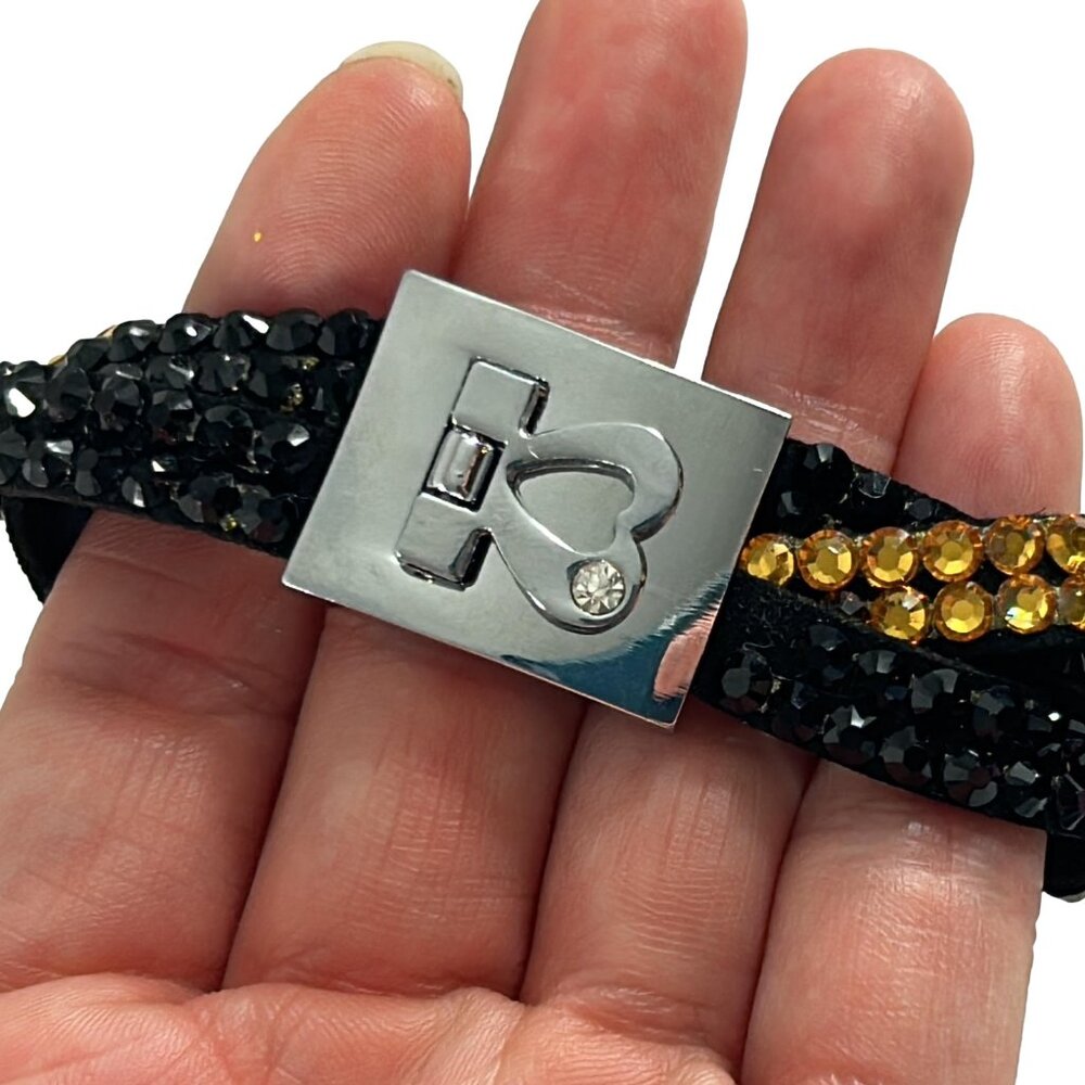 Bracelet Black Silver Tone Flip Heart Clasp Gold Tone Rhinestones Braided Twist